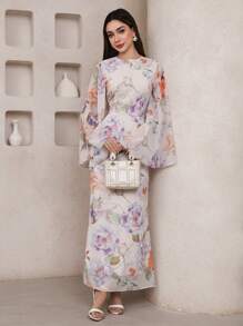 Veilorie 女士优雅花卉印花喇叭袖连衣裙 - 彩色 - 查看 4