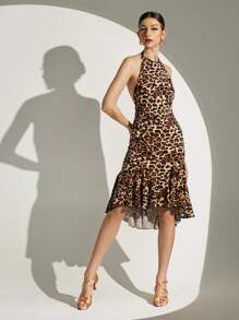 Dansine High-Elastic Leopard Sleeveless Print Backless Mid-Length Latin Dance Dress For Women