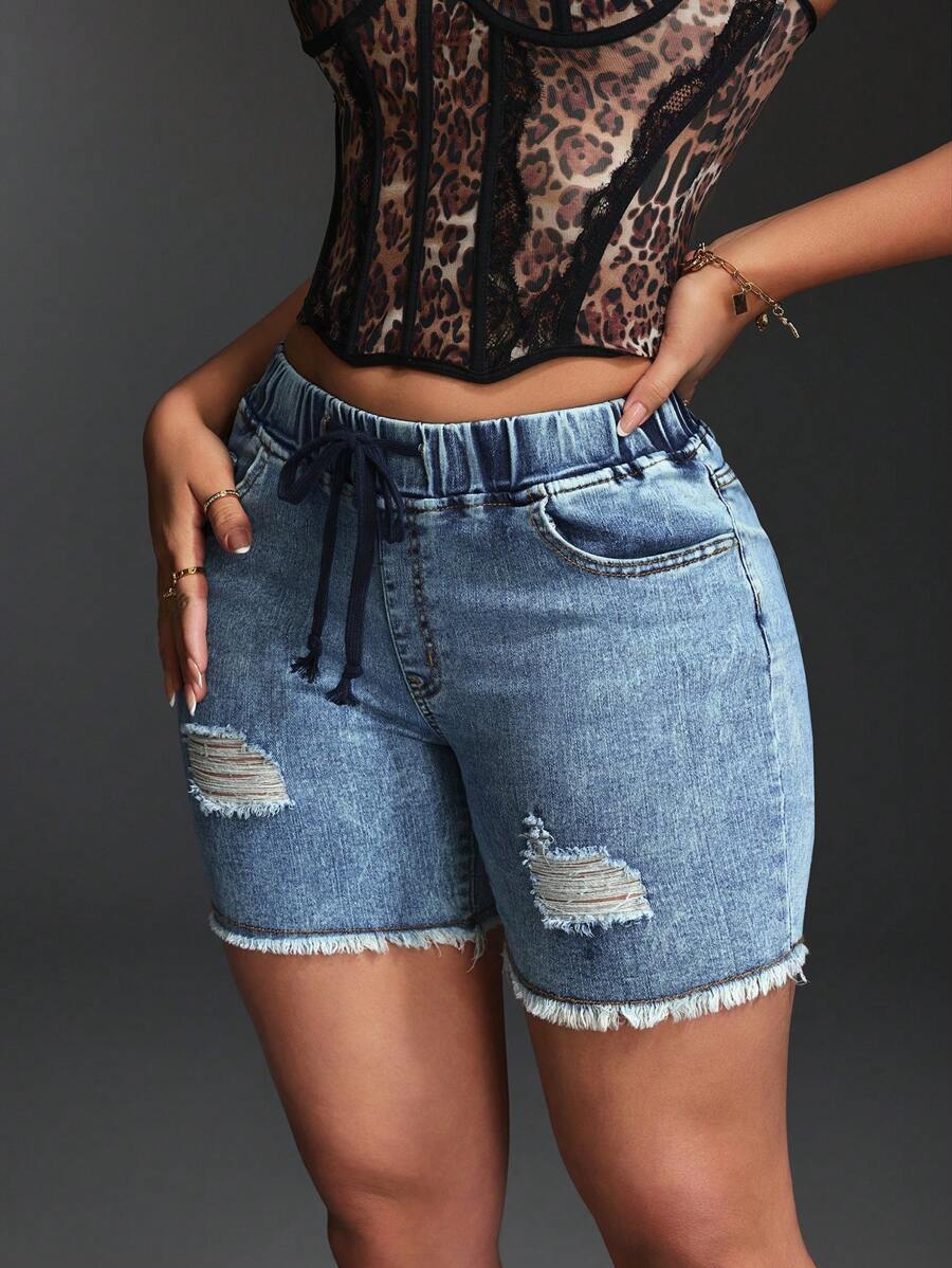 SHEIN SXY 休闲破洞修身抽绳腰牛仔短裤 - 藍白色 - 查看 1