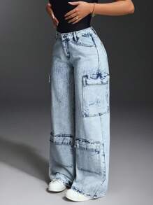 SHEIN BAE Jeans holgados de mujer con bolsillos de carga y pierna ancha - Azul - Ver 3