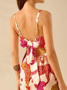 CAJUNI 女式休闲夏季波西米亚风热带对比动物印花吊带迷你连衣裙