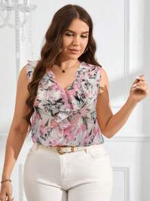 SHEIN Clasi Blusa suelta de talla grande con cuello en V con volantes y estampado, sin mangas - Rosa - Ver 3