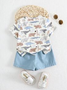 Cozy Pixies Baby Boy 2pcs Set Cartoon Animal Print Knitted Soft Round Neck Short Sleeve Pullover Top And Elastic Waist Shorts