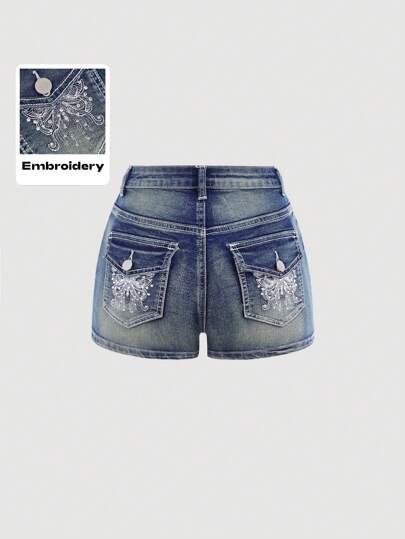 SHEIN Girlism Teen Girls Fashion Retro Y2K Low-Waist Butterfly Embroidery Adjustable Contrast Color Line Girls' Denim Mini Jeans Short,Girls Summer Clothes Concert Outfits