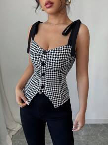 Elenzga Spring/Summer Vacation Bohemian Houndstooth Bowknot Sleeveless Fitted Tank Top For Women - Multicolor - View 3