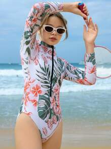 SHEIN Teen Girls Beachwear - Fashionable & Elegant One-Piece Swimsuit. Features Multi-Color Floral And Leaf Digital Print, Soft Knitted Fabric, Front Zipper, Long Sleeves, And A Triangle Cut Bottom. A Stylish, Casual, And Exquisitely Designed Sun-Protective Swimsuit. Perfect For Swimming, Summer Vacations, Beach Trips, Pool Parties, And Holiday Getaways. - Multicolor - View 5