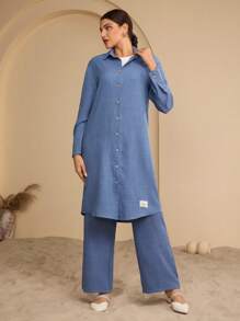 Graceveil 女士长袖衬衫和裤子阿拉伯风格套装，朴素 - 藍色 - 查看 2