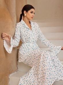 Graceveil 2pcs Women Floral Print Flare Sleeve Top And Long Fishtail Skirt Set