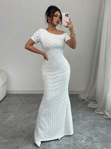 Elenzga 优雅纯色蕾丝不对称肩部美人鱼连衣裙，凸显身材 - 白色 - 查看 6