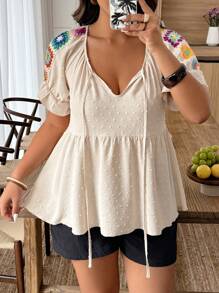 SHEIN Clasi Casual Crochet Patchwork Short Sleeve Plus Size Shirt - Apricot - View 3