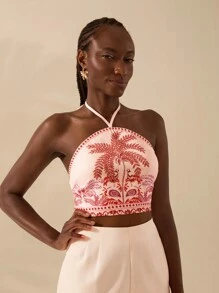 CAJUNI Damen Boho Tropisch Rosa Muster, Urlaubs-Lässig Sommer Strand Neckholder Ultra Cut Top - Verschiedenfarbig - Übersicht 4