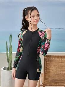 SHEIN Tween 女童热带植物印花修身短袖连体泳衣，休闲度假，适合春夏旅行，海滩度假，黑色泳衣