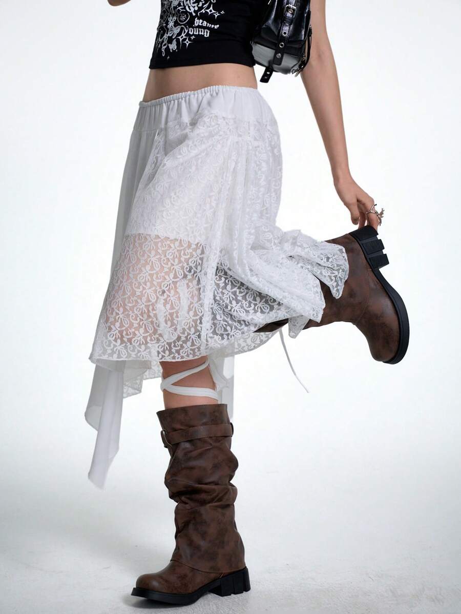 Coolane Falda blanca asimétrica de encaje transparente y contraste para mujer, ideal para citas, salir y conciertos en primavera y verano - Blanco - Ver 1