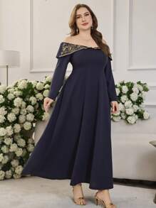 Modelyn Plus Size Women's Off Shoulder Embroidered Waist Slim Elegant Dress, Spring & Autumn - Navy Blue - View 4