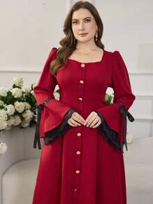 Modelyn 长袖蕾丝蝴蝶结纯色阿拉伯风格连衣裙 - 酒紅色 - 查看 1