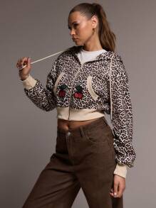 MUSERA Cropped Leopard Print Cherry Embroidered Cuffed Hoodie - Multicolor - View 2