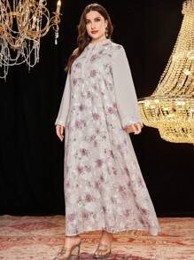 Al Najma Women's Plus Size Stand Collar Flare Sleeve Loose Sequins Chiffon Embroidered Floral Elegant Romantic Sophisticated Dress