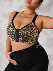 Easithlete Plus Size Leopard Print Sport Bra With Fixed Cup, High Support, Adjustable Front Clasp, Suitable For Sports - Khaki - View 5