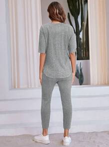 SHEIN LUNE 2pcs/Set Women Casual Ribbed Knit Short Sleeve Top And Leggings - Light Grey - View 2