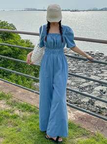 DAZY Women's Solid Color Square Neck High Waist Short Sleeve Jumpsuit Vacation - Medium Wash - View 1