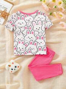 Baby Girls 2pcs Rose Red Cute Rabbit Short Sleeve Leggings Set, Snug Fit Pajamas - Hot Pink - View 8