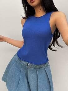 INAWLY Simple Round Neck Sleeveless Knit Top, Casual Daily Wear - Blue - View 4