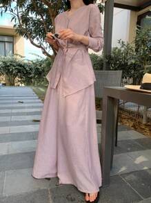 Women Elegant Asymmetrical Blouse And Wide-Leg Pants Two-Piece Sets Lounge Sets For Women - Pink - View 3