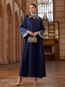 Al Najma 女士优雅闪亮水钻喇叭袖阿拉伯风格连衣裙 - 藏蓝色 - 查看 7