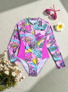SHEIN Tween Girl Printed Patchwork Long Sleeve One-Piece Swimsuit Summer Pink Swim Bohemian Summer Holiday Cute