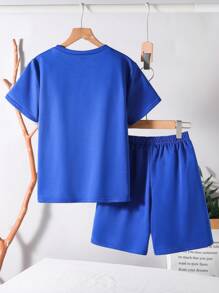 2 stuks Tween Boy Casual Stijlvol Comfortabel Zacht T-shirt Met Grappig Gezichtsprint En Elastische Taille Shorts Set, Geschikt Voor Herfst, Lente, Zomer - Alledaagse Casual, Buitenspelen, School, Straatfotografie, Feest En Vrije Tijd