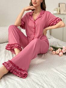 Conjunto de pijama de pantalón y top de doble capa con cuello de volantes y textura de ola en color rosa fucsia, atuendo de estar en casa