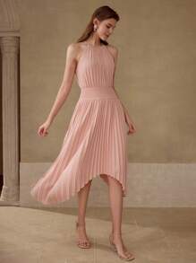 MOTF PREMIUM 褶饰不对称下摆连衣裙 - 粉色 - 查看 6