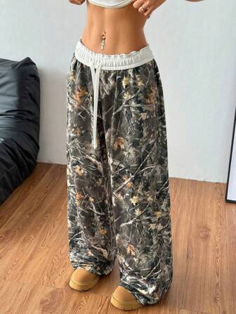 Coolane Casual Minimalist Fashionable Branch Pattern Loose Long Pants, Suitable For Summer Spring Outings, Plus Size Suitable For Going Out