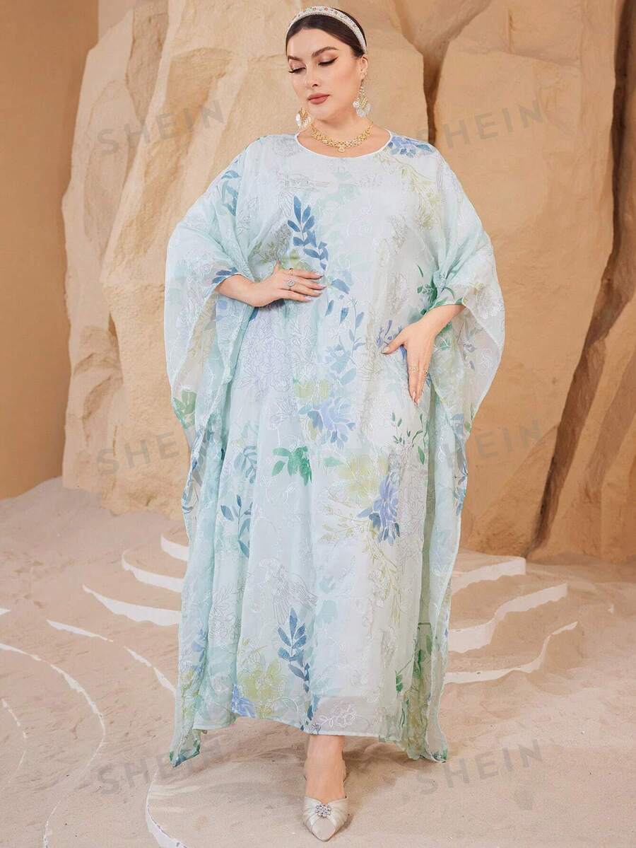 Al Najma Vestido elegante de talla grande con estampado floral de estilo árabe para mujer - Verde - Ver 1