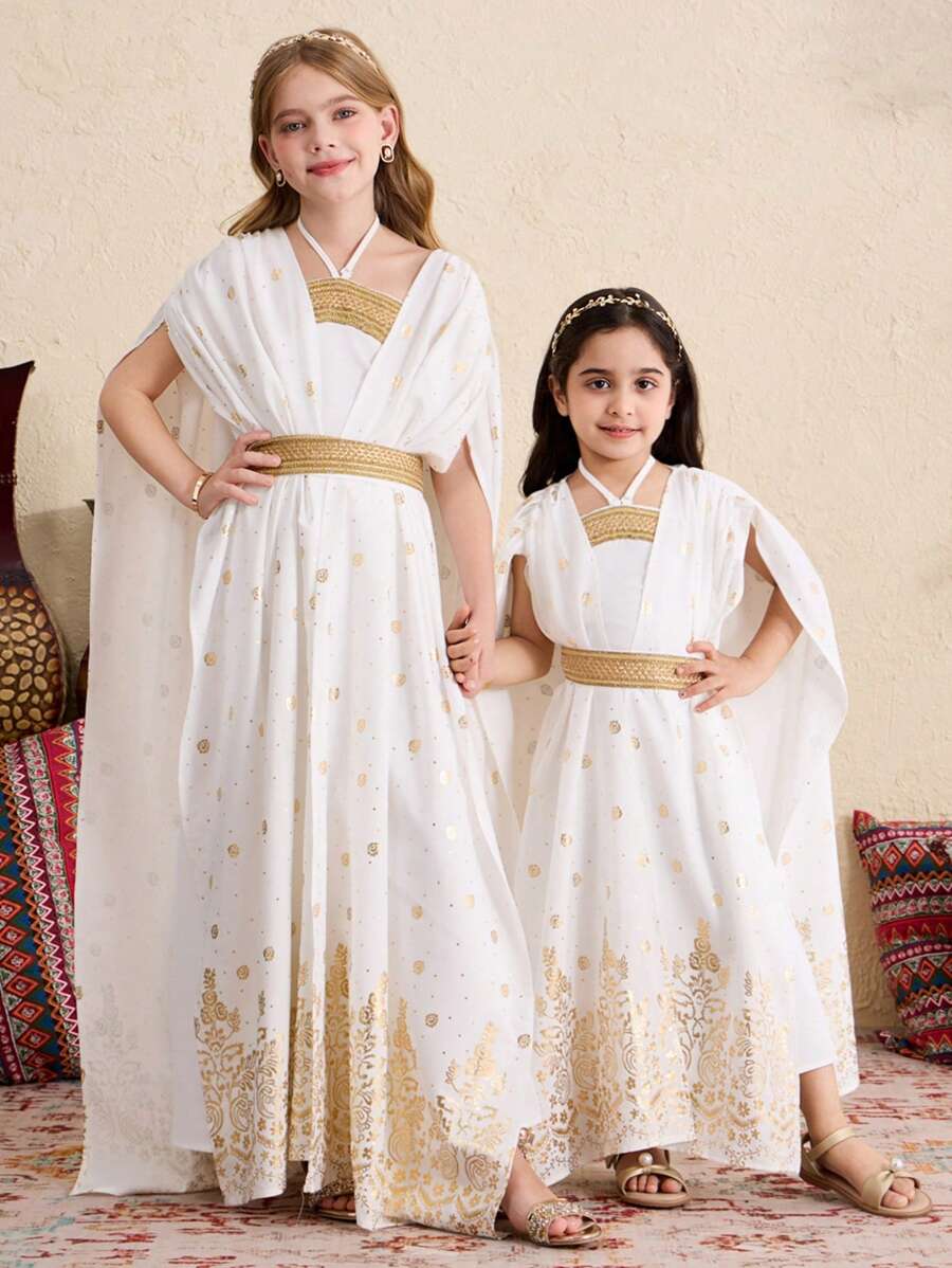 SHEIN Young Girls 2 Pcs Chiffon Gold Foil Flower Smock Dress Outfit, A-Line Dress With Golden Woven, Matching Family Vacation, With Golden Woven, Sibling Outfits, Sisters Outfit, Suitable For Girls Daily Wear, Festivals, Family Gatherings And Special Occasions, Sibling Outfits Sisters Style Outfit, Spring And Summer, Cute & Elegant & Sweet & Vintage & Fashionable.Mom And Daughter & Sisters Matching. - Baby Blue - View 1