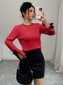 Chiquease 2024 秋冬新款时尚别致设计开袖 3D 蝴蝶结撞色边针织毛衣针织套头衫秋季