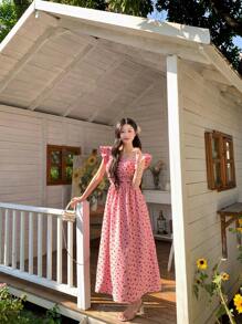 DAZY Robe mi-longue à manches courtes avec imprimé floral, style coréen pour femmes. Robe de vacances style "milkmaid" pour femmes, tenue de Pâques - Rose bonbon - Voir 7