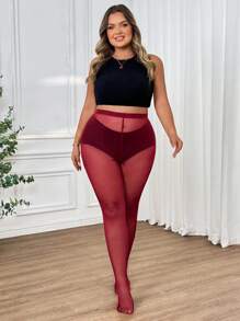 SHEIN CURVE+ Leggings de malla transparente para mujer de talla grande - Burdeos - Ver 7