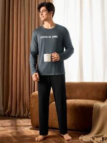 Men's Letter Print Long Sleeve Pajama Set - Blue and White - View 5