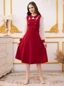 Teen Girl Polka Dot Mesh Patchwork Long Sleeve Button Design Fashion Dress - Burgundy - View 4