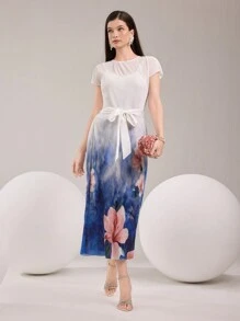 Modelyn Damen Blumen-Druckkleid mit rundem Ausschnitt und Kurzarm, elegantes langes Kleid - Blau - Übersicht 4