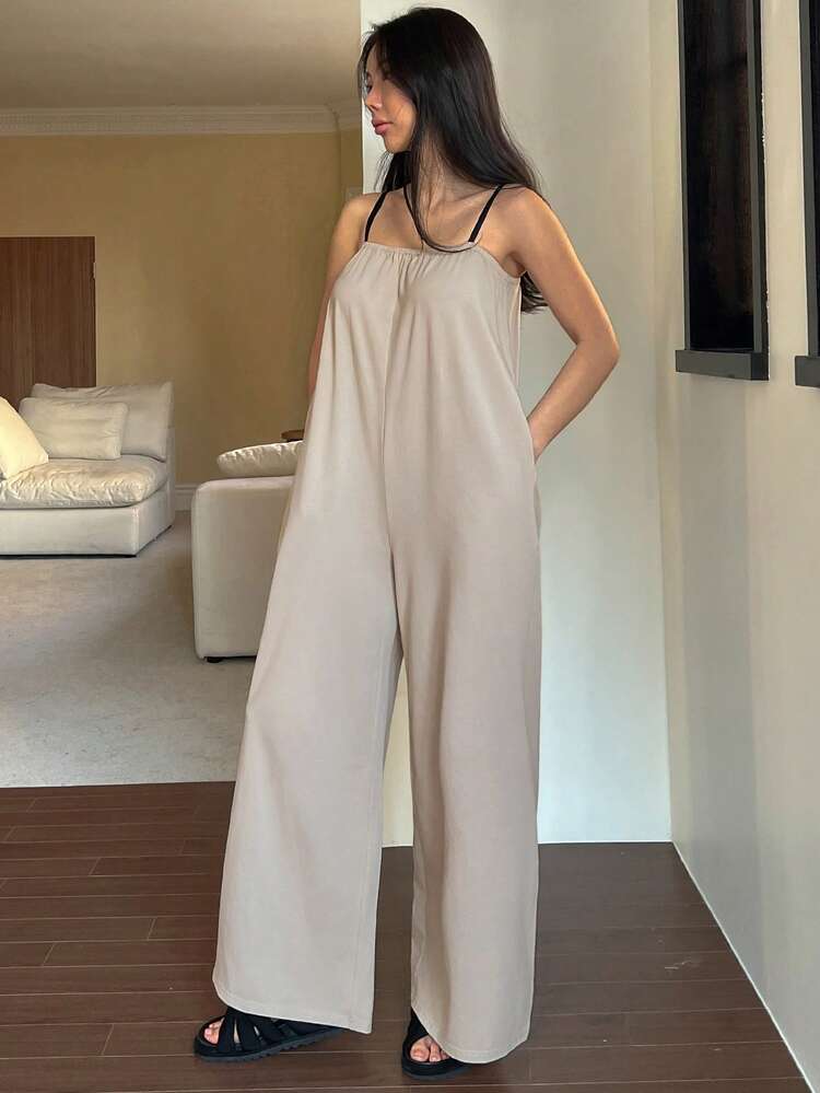 Minimalist Solid Color Wide Leg Contrast Strap Women Jumpsuit Pajamas