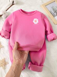 SHEIN 2pcs Baby Girls' Casual Simple Design Long Sleeve Top And Long Pants Set, Thickened For Autumn/Winter