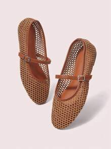 CUCCOO DOLLMOD Women's Flat Round Toe Woven Material Mary Jane Shoes, Simple Elegant Fashion For Vacation - Brown - View 2