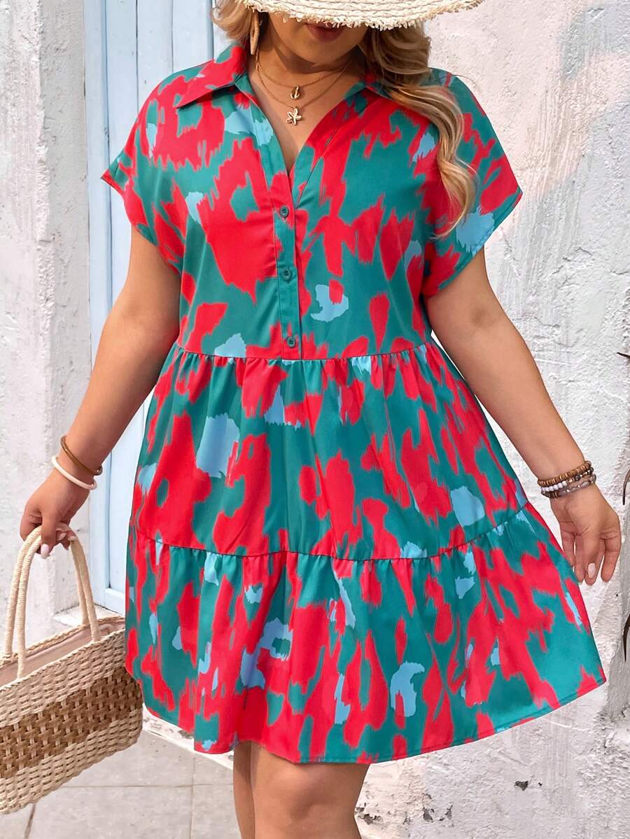 SHEIN VCAY Abito casual con stampa all-over e maniche a pipistrello, per taglie forti, adatto per le vacanze - Multicolore - Visualizzare 1