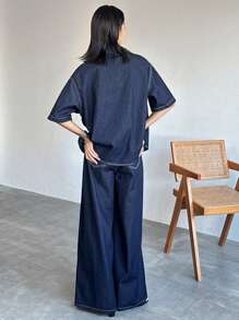 FRIFUL Conjunto de 2 piezas para mujer de pantalón largo y top de manga corta de mezclilla, de moda para el verano - Azul - Ver 4
