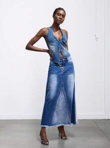 Maija Tops de mujer de tela vaquera con cuello halter para primavera y verano - Azul lavado medio - Ver 2