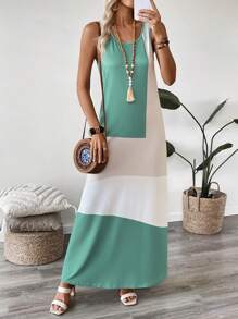 EMERY ROSE Women Contrast Color Round Neck Casual Sleeveless Dress - Green - View 3