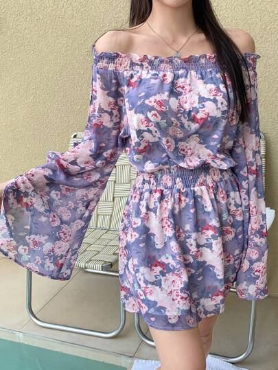 DAZY Women's Minimalist Fashion Casual Kimono Floral Print Cover Up Dress, Suitable For Daily Wear, For Summer Beach Vacation,Ruffle Off Shoulder Top Boho