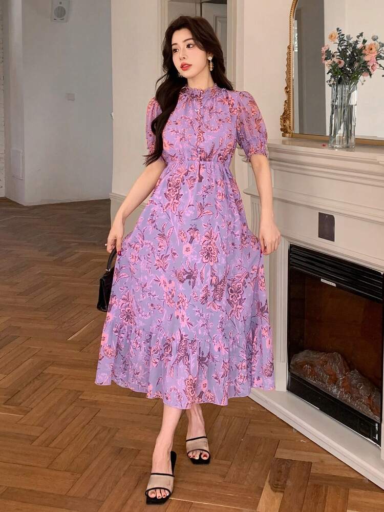 Summer New Bohemian Style Allover Print Cinched Waist Maxi Sundress For Women Floral Boho